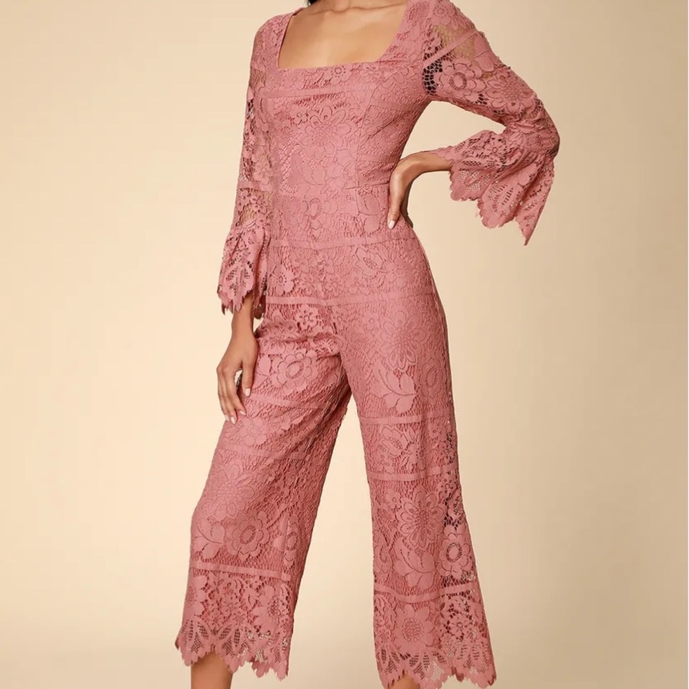Lulus dusty rose lace flounce sleeve culotte jumpsuit